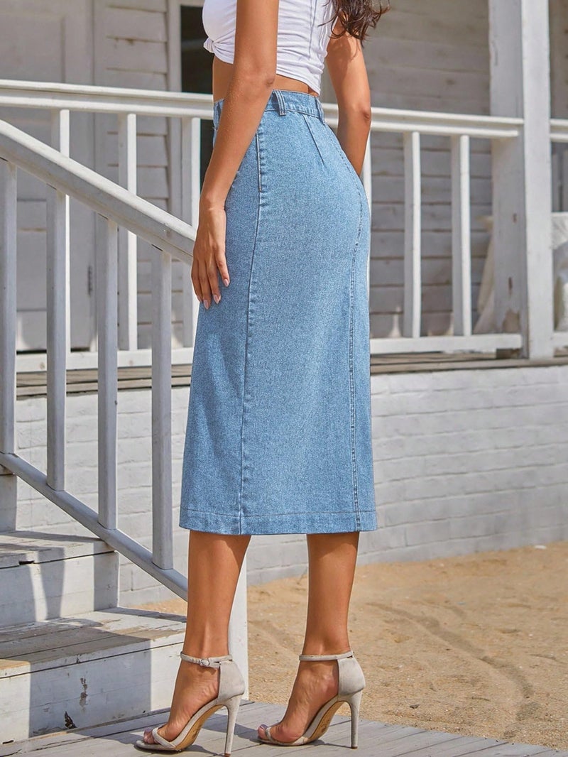 Aahwan Blue Solid Midi Denim Pencil Front Button Side Slit Skirt for Women's & Girl's(338_Blue-30) - Image 2