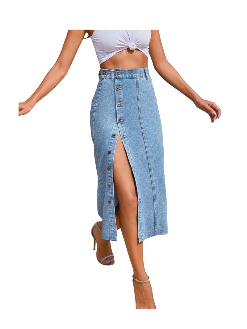 Aahwan Blue Solid Midi Denim Pencil Front Button Side Slit Skirt for Women's & Girl's(338_Blue-30) - Image 1