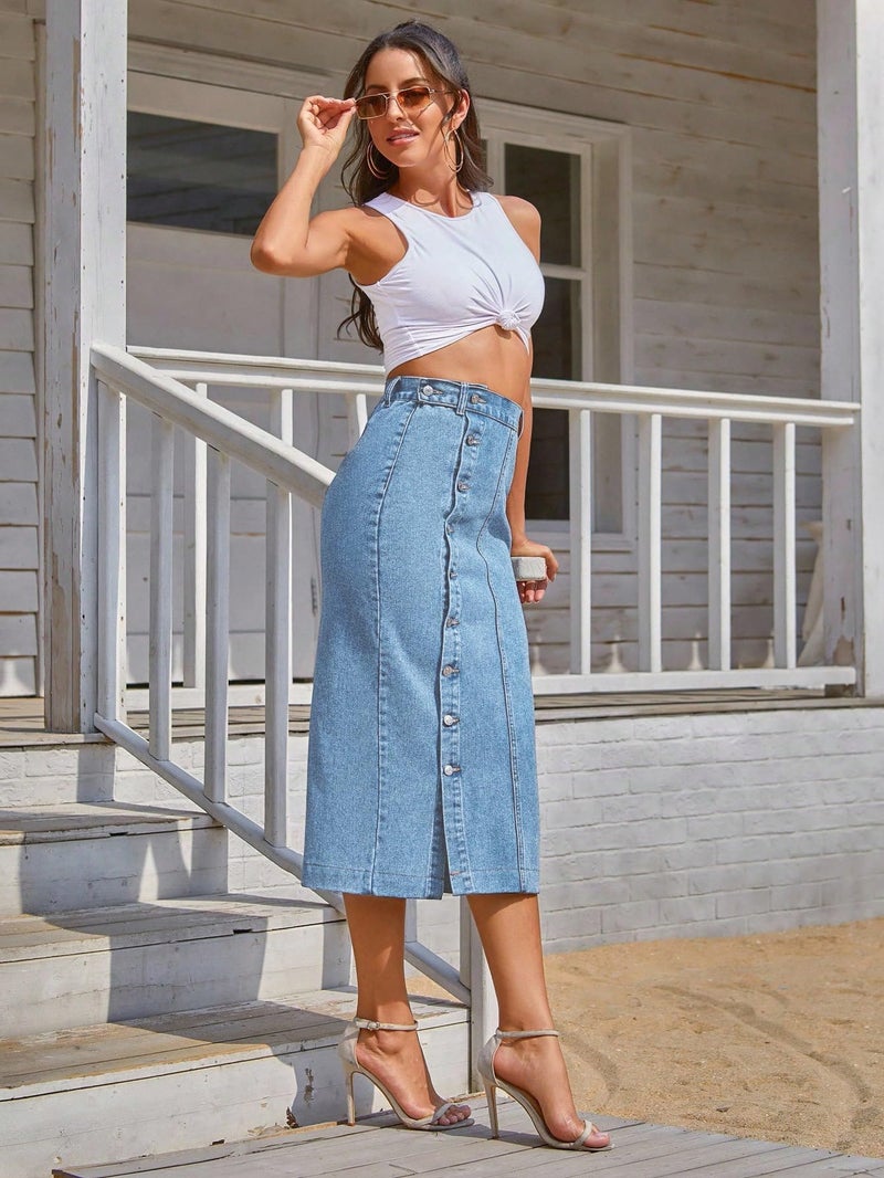Aahwan Blue Solid Midi Denim Pencil Front Button Side Slit Skirt for Women's & Girl's(338_Blue-30) - Image 3