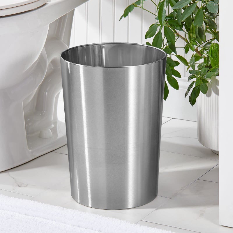 mDesign Stainless Steel Round Metal Trash Can, Small 4 Gallon Wastebasket, Garbage Basket Bin for Bathroom, Bedroom, Kitchen, or Home Office, Holds Waste and Recycle, Mirri Collection, Brushed - Image 2