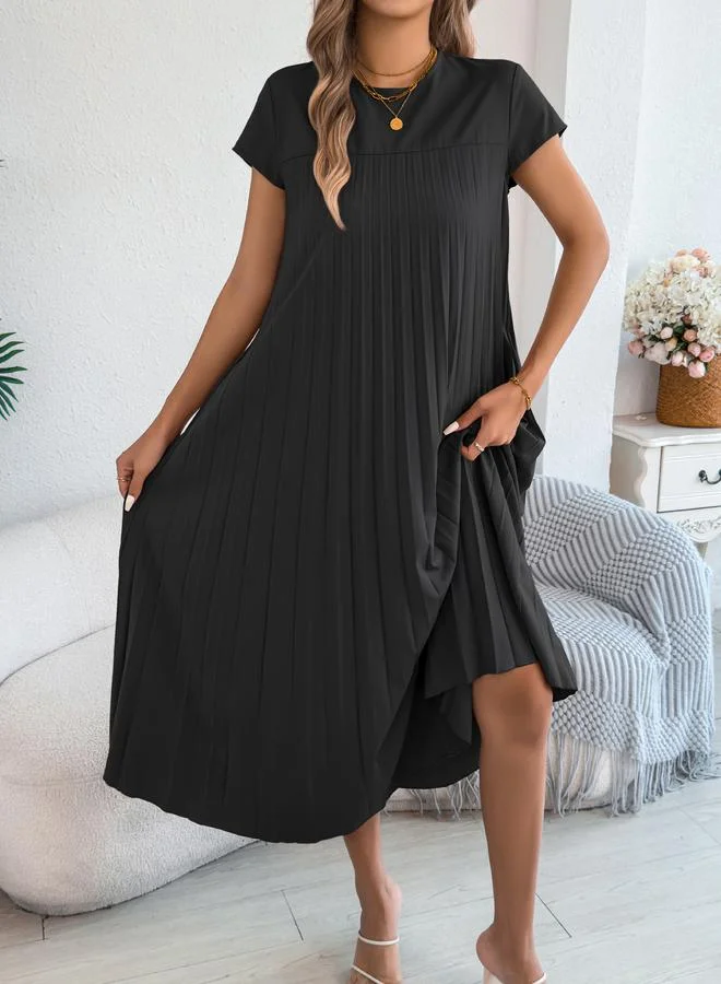 تايك تو Black Pleated A-Line Midi Dress