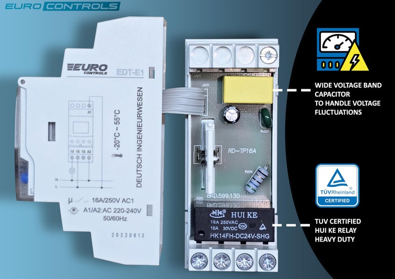 EuroControls EDTE1 Timer - Weekly and Pulse programmable Timer- 50 On and Off Programs - Replaceable Battery - Back lit Display - Automatic time Relay/Switch - 16A TUV Certified Relay - 1 c/o 240vAC - Image 4