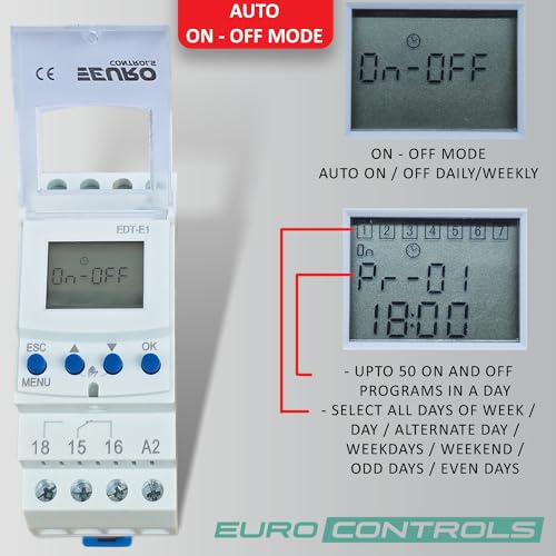 EuroControls EDTE1 Timer - Weekly and Pulse programmable Timer- 50 On and Off Programs - Replaceable Battery - Back lit Display - Automatic time Relay/Switch - 16A TUV Certified Relay - 1 c/o 240vAC - Image 2