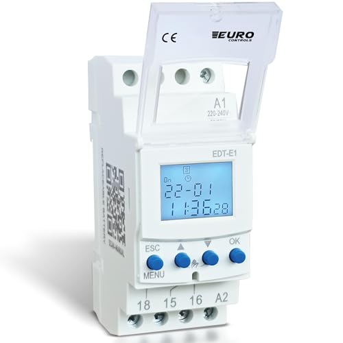 EuroControls EDTE1 Timer - Weekly and Pulse programmable Timer- 50 On and Off Programs - Replaceable Battery - Back lit Display - Automatic time Relay/Switch - 16A TUV Certified Relay - 1 c/o 240vAC - Image 1