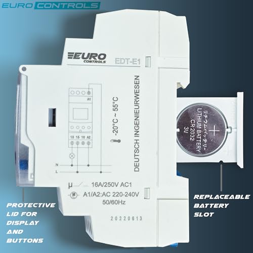 EuroControls EDTE1 Timer - Weekly and Pulse programmable Timer- 50 On and Off Programs - Replaceable Battery - Back lit Display - Automatic time Relay/Switch - 16A TUV Certified Relay - 1 c/o 240vAC - Image 5