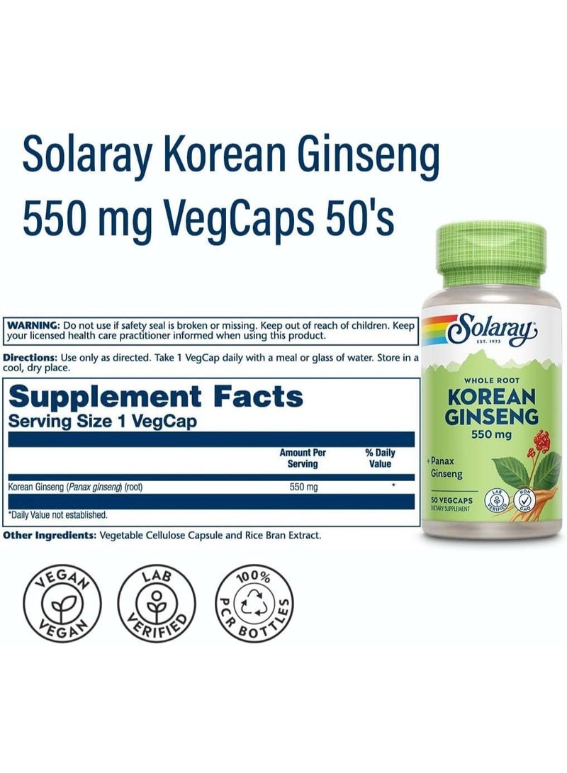 SOLARAY Korean Ginseng Root 550mg, Traditional Herbal Supplement, 50 Vegan Capsules - Image 4