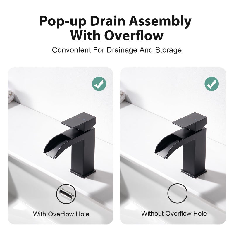Faustina Black Waterfall Bathroom Faucet 1 Hole Single Handle,Wide Open Spout Waterfall Bathroom Faucet with Pop Up Drain,Stainless Steel Utility Sink Faucet Bathroom Vanity Faucet Basin Mixer Tap - Image 4