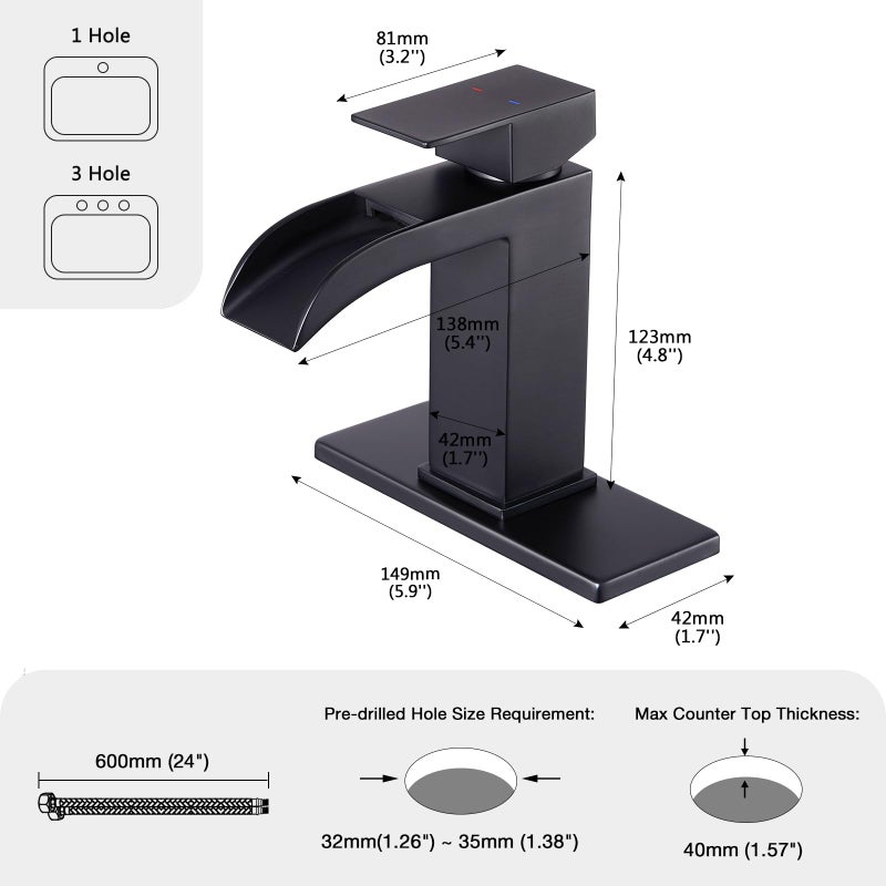 Faustina Black Waterfall Bathroom Faucet 1 Hole Single Handle,Wide Open Spout Waterfall Bathroom Faucet with Pop Up Drain,Stainless Steel Utility Sink Faucet Bathroom Vanity Faucet Basin Mixer Tap - Image 5