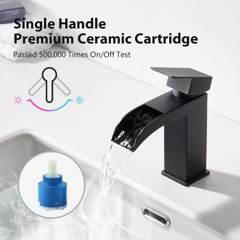 Faustina Black Waterfall Bathroom Faucet 1 Hole Single Handle,Wide Open Spout Waterfall Bathroom Faucet with Pop Up Drain,Stainless Steel Utility Sink Faucet Bathroom Vanity Faucet Basin Mixer Tap - Image 3