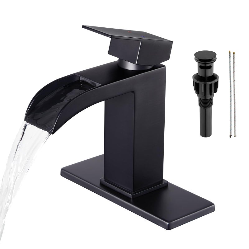 Faustina Black Waterfall Bathroom Faucet 1 Hole Single Handle,Wide Open Spout Waterfall Bathroom Faucet with Pop Up Drain,Stainless Steel Utility Sink Faucet Bathroom Vanity Faucet Basin Mixer Tap - Image 1
