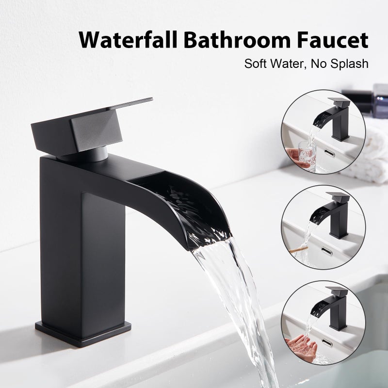 Faustina Black Waterfall Bathroom Faucet 1 Hole Single Handle,Wide Open Spout Waterfall Bathroom Faucet with Pop Up Drain,Stainless Steel Utility Sink Faucet Bathroom Vanity Faucet Basin Mixer Tap - Image 2