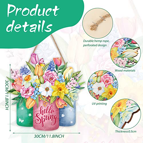 Capoda Hello Spring Door Sign Colorful Floral Spring Hanging Sign Happy Welcome Door Signs Rustic Wood Wall Hanging Decor for Easter Party Outdoor Indoor Front Doors DecorMulticolor Flower Style - Image 3