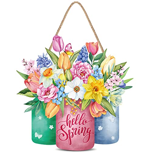 Capoda Hello Spring Door Sign Colorful Floral Spring Hanging Sign Happy Welcome Door Signs Rustic Wood Wall Hanging Decor for Easter Party Outdoor Indoor Front Doors DecorMulticolor Flower Style - Image 1