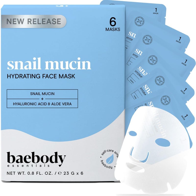 Baebody Snail Mucin Face Sheet Mask (6 pcs) - Anti Aging and Moisturizing Face Mask with Hyaluronic Acid - Deep Hydration for Youthful Skin - Image 1