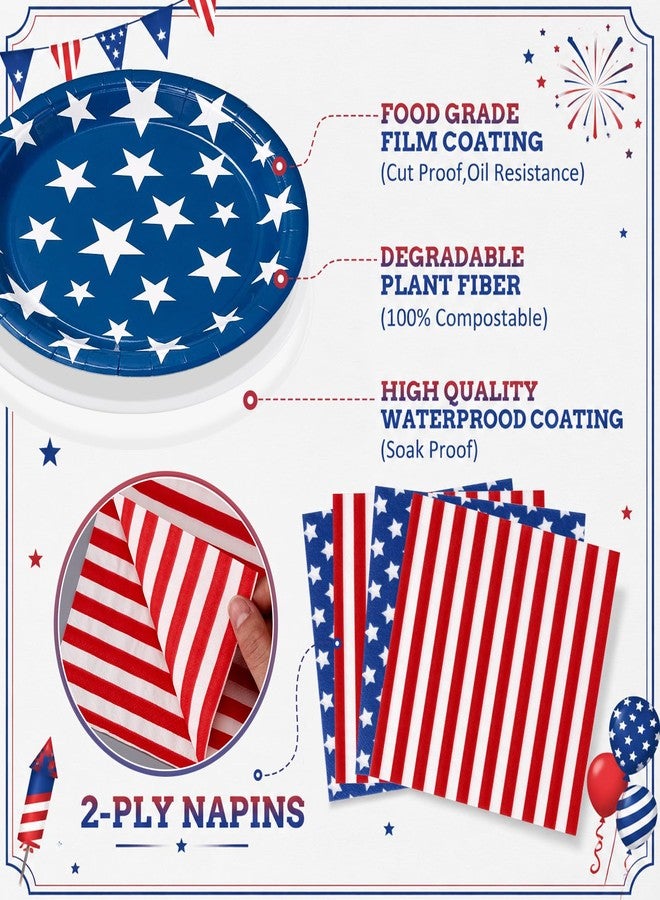 Rtteri 200 Pcs 4th of July Paper Plates and Napkins, Patriotic Party Supplies Tableware Set, Disposable Red White Blue Paper Plates & Napkins for Independence Day American Flag, Veterans Day - Image 3