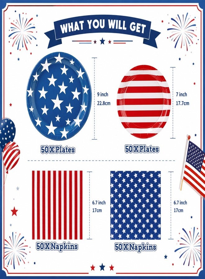 Rtteri 200 Pcs 4th of July Paper Plates and Napkins, Patriotic Party Supplies Tableware Set, Disposable Red White Blue Paper Plates & Napkins for Independence Day American Flag, Veterans Day - Image 2