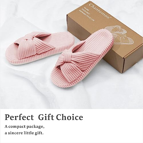 Chantomoo Slippers for Women Memory Foam House Bedroom Corduroy Bow Crossbands Slide Slipper Shoes Comfy Trendy Gift Slippers Pink Size 9 10 8.5 - Image 5