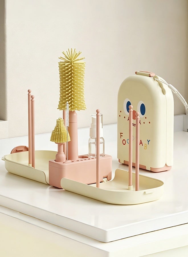 Portable Bottle Brush Cleaner Set, Travel Bottle Cleaner Kit for Baby with Silicone Bottle, Nipple and Straw Brush, Stirring Head, Soap Dispenser, Drying Rack and Storage Box, Pink - Image 1