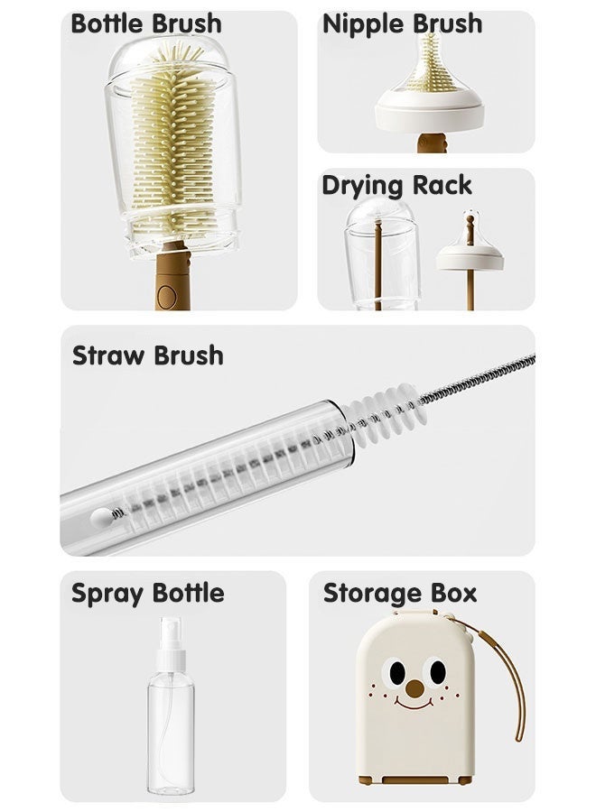 Portable Bottle Brush Cleaner Set, Travel Bottle Cleaner Kit for Baby with Silicone Bottle, Nipple and Straw Brush, Stirring Head, Soap Dispenser, Drying Rack and Storage Box, Pink - Image 2