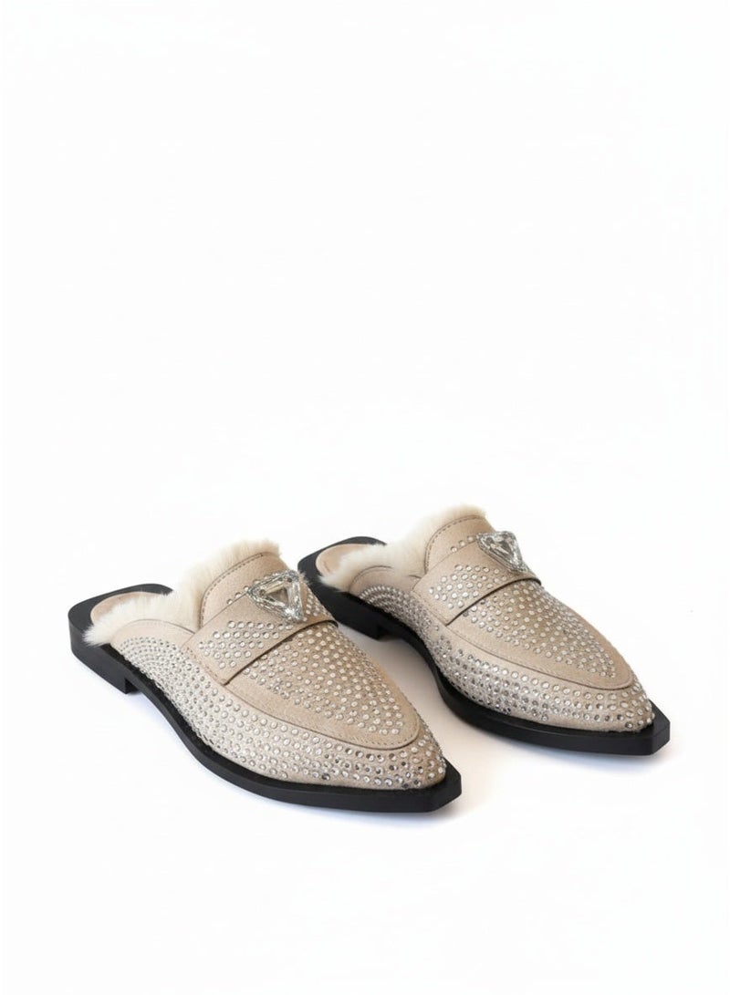 LIFESTYLISH Mules Flat Suede With Diamond SB-23 - Beige - Image 1