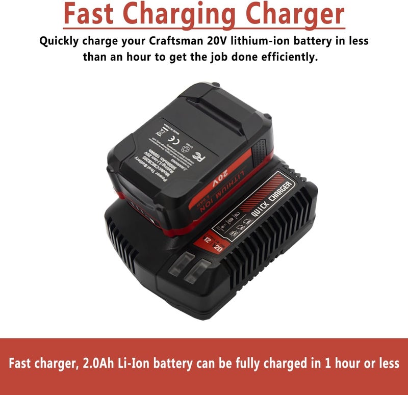 Tueddur 20V Max Battery Charger Replacement for Craftsman CMCB104,Compatible with Lithium Batteries CMCB101 CMCB204 CMCB202 CMCB201 CMCB209 CMCB205 CMCB102 CMCB100 (CMCB104) - Image 2