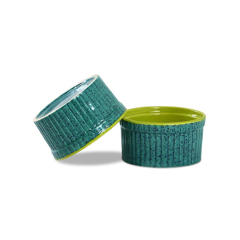 Caffeine Ceramic Handmade Glossy Turquoise Green Ramekin bowl Set of 6 - Image 2