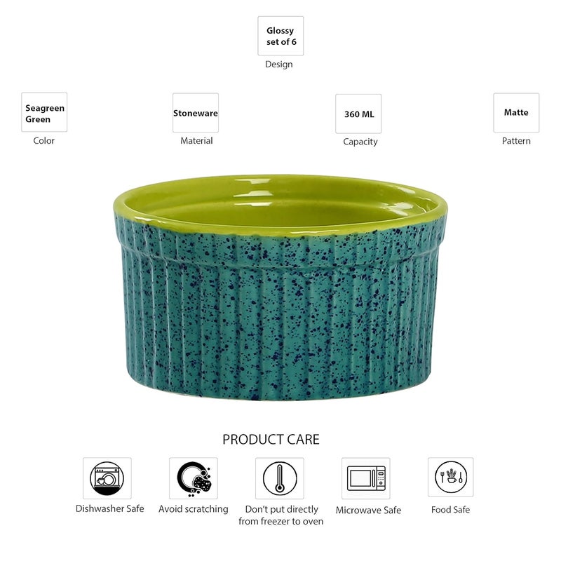 Caffeine Ceramic Handmade Glossy Turquoise Green Ramekin bowl Set of 6 - Image 4