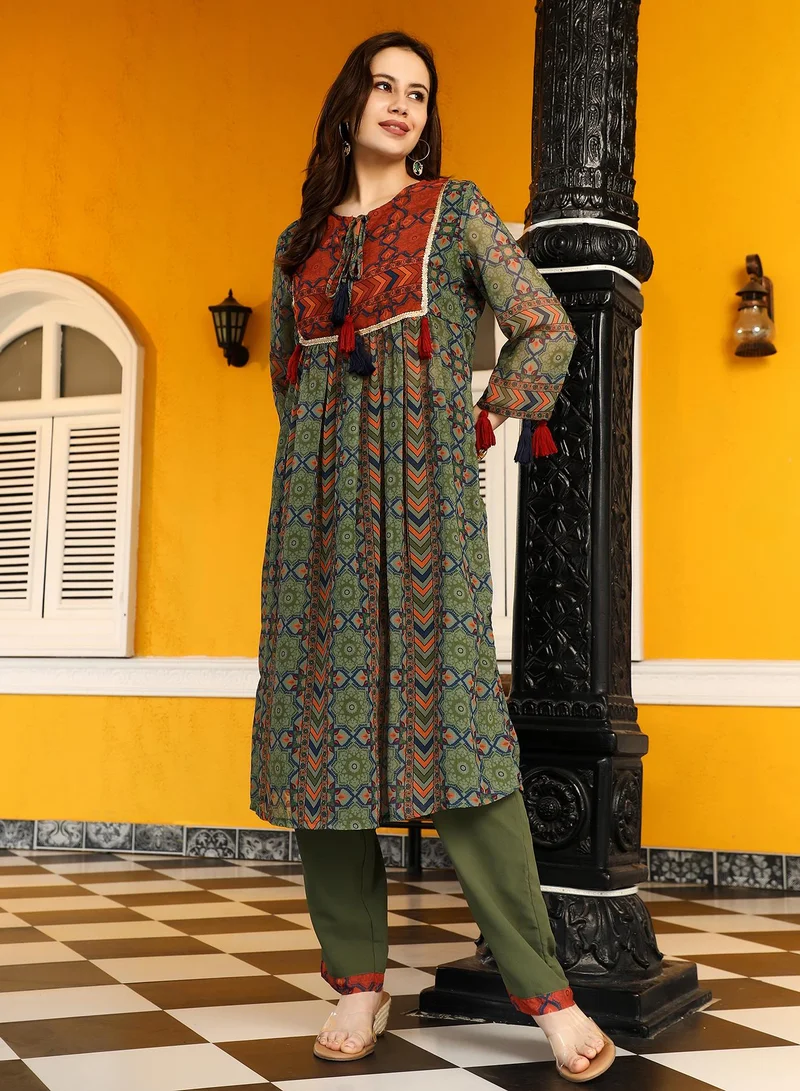 QISSA Women's Olive Green Geometric Block Kurta With Trousers For Ethnic Wear | Round Neck , Quarter Sleeves | Geometric Print Plain Fabric | 2 Piece Kurta Set Designed For Casual & Daily Wear