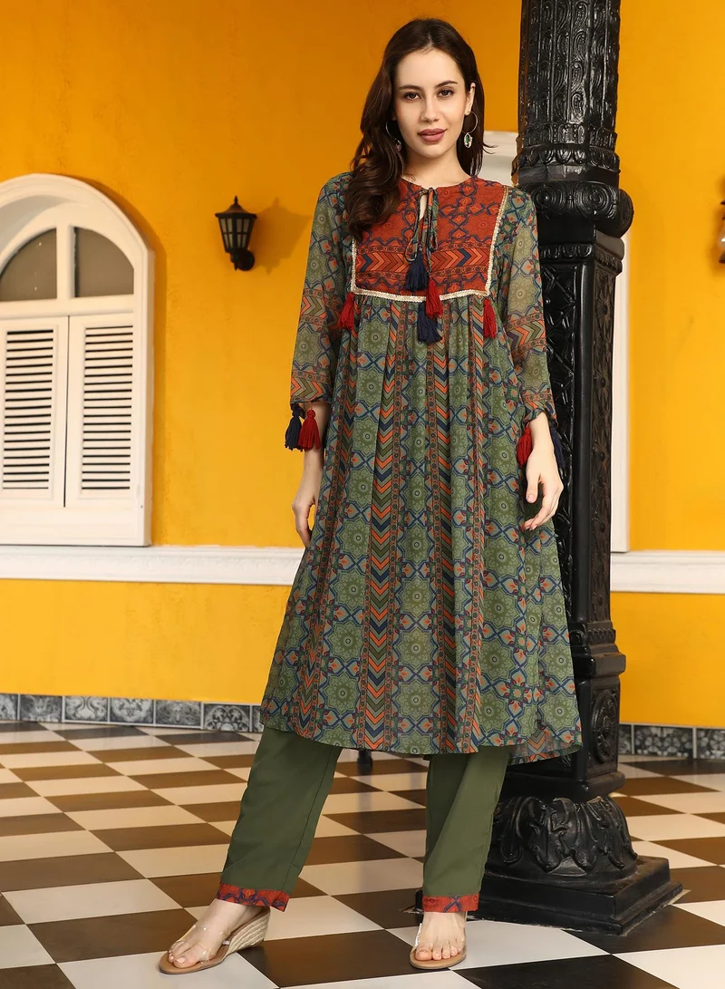 QISSA Women's Olive Green Geometric Block Kurta With Trousers For Ethnic Wear | Round Neck , Quarter Sleeves | Geometric Print Plain Fabric | 2 Piece Kurta Set Designed For Casual & Daily Wear