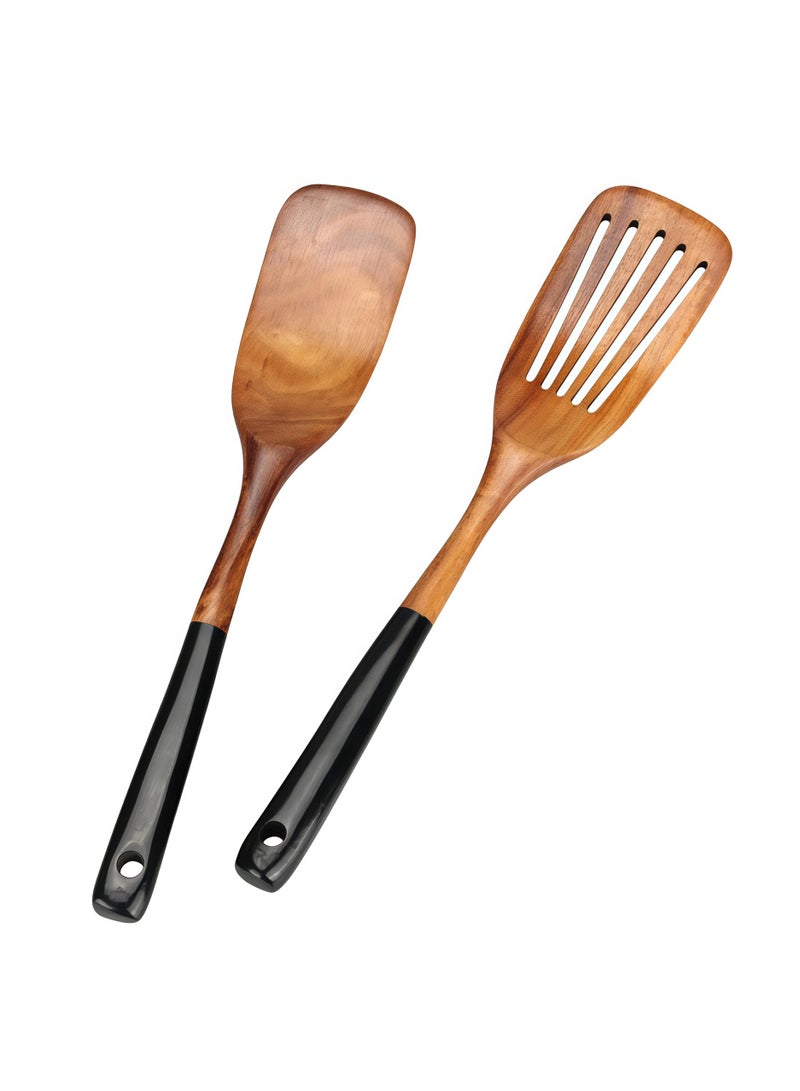 general Acacia wood spatula set non-stick pan black long handle stir-fry spatula wooden spatula leak spatula soup spoon cooking utensils - Image 1