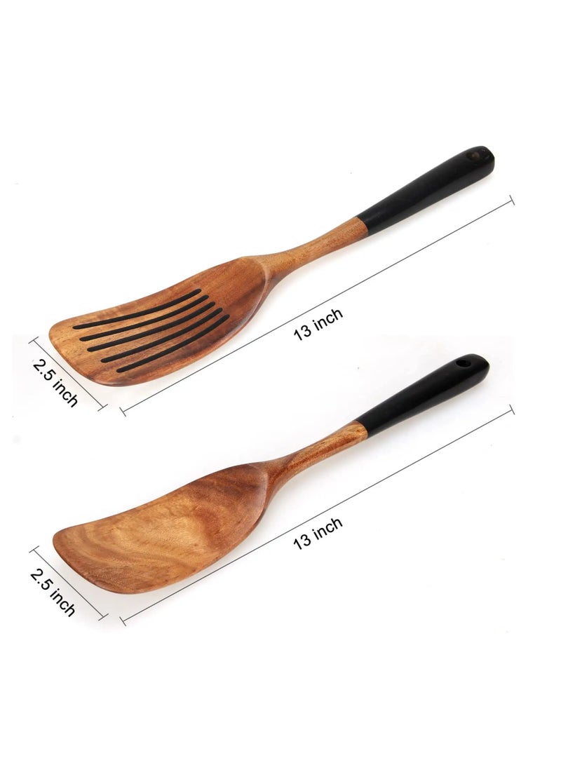 general Acacia wood spatula set non-stick pan black long handle stir-fry spatula wooden spatula leak spatula soup spoon cooking utensils - Image 3