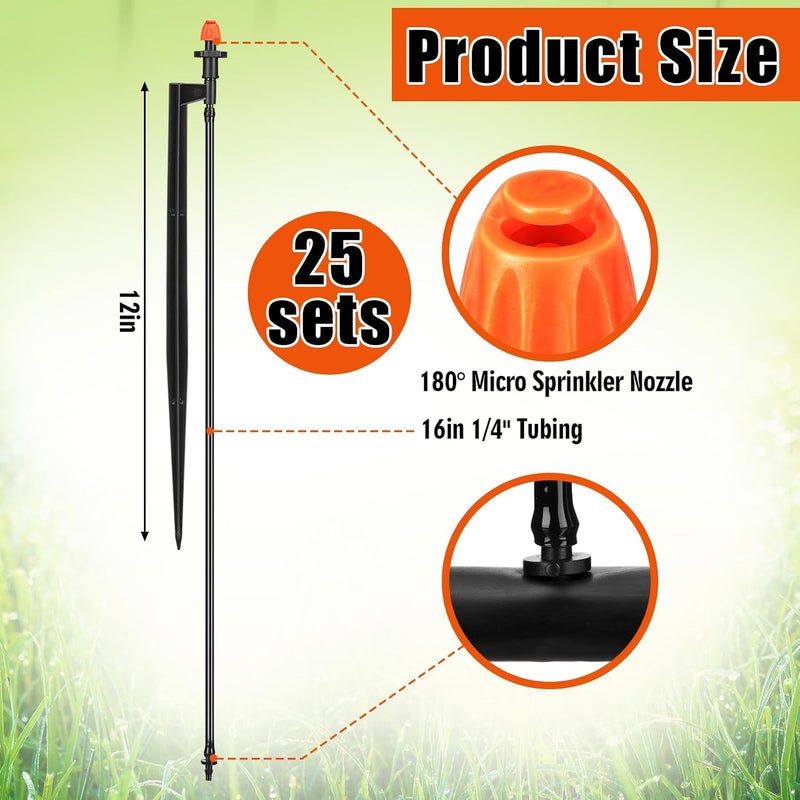 Geelin 25 Pcs Drip Spray Emitters, Micro Sprinkler Heads with Stake, 180 Degree Sprinkler Nozzle with 1/4" Drip Irrigation Tubing for Garden Irrigation System - Image 2