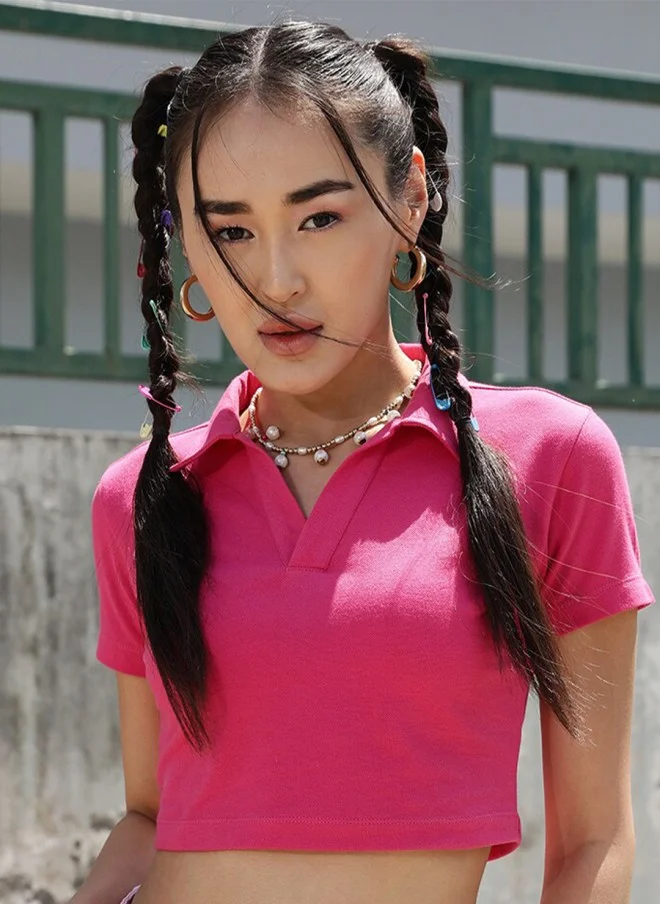 STREET 9 BASICS Fuchsia Polo Collar Crop T-Shirt for Women