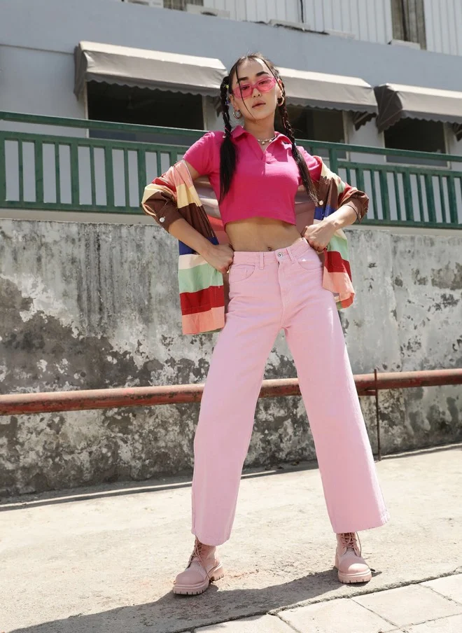 STREET 9 BASICS Fuchsia Polo Collar Crop T-Shirt for Women