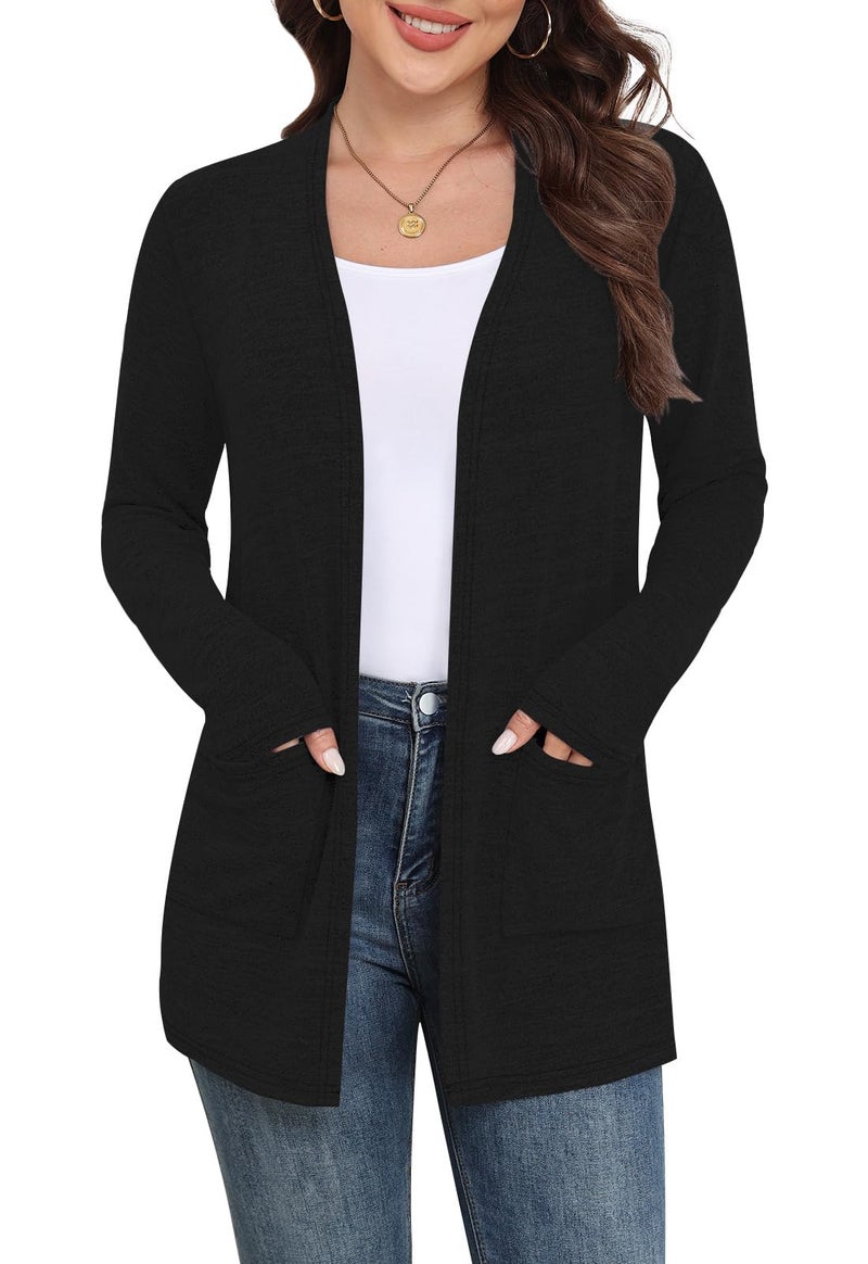 Yincro Womens Lightweight Cardigan Long Sleeve Open Front Casual Sweater Cardigans with Pockets (Black, L) - Image 1