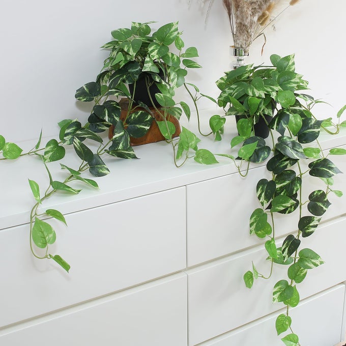 Fake Pothos Hanging Plants 33 Set of 2 Artificial Silk Ivy Vines with Pots Realistic Faux Greenery for Indoor Home Decor Low Maintenance Hanging Plant Decoration Golden Green