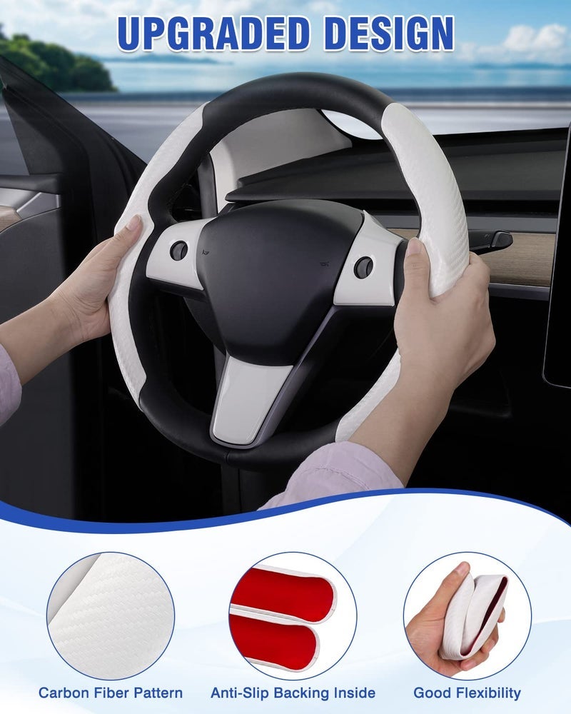 Canvcle Steering Wheel Cover for Telsa Model 3/Model Y Accessories Carbon Fiber Steering Wheel Cover Protector Anti-Slip, Comfortable Grip, Breathable, White 5PCS(NOT for Highland and Juniper) - Image 3