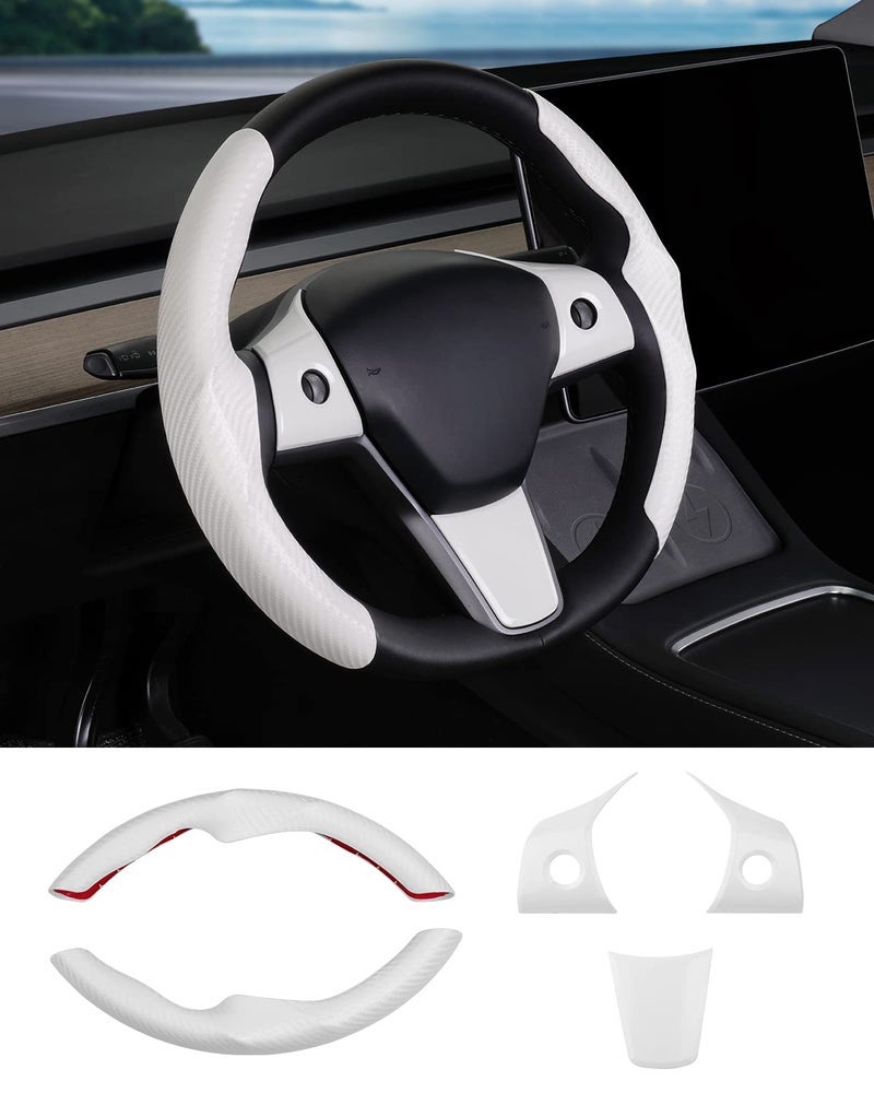 Canvcle Steering Wheel Cover for Telsa Model 3/Model Y Accessories Carbon Fiber Steering Wheel Cover Protector Anti-Slip, Comfortable Grip, Breathable, White 5PCS(NOT for Highland and Juniper) - Image 1