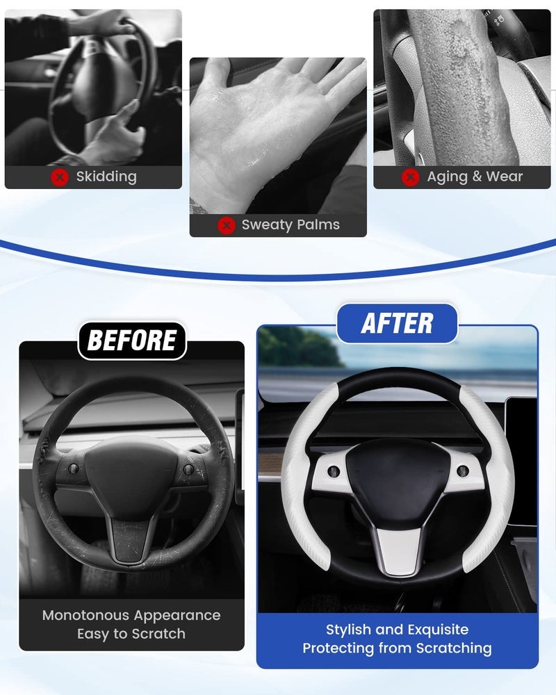 Canvcle Steering Wheel Cover for Telsa Model 3/Model Y Accessories Carbon Fiber Steering Wheel Cover Protector Anti-Slip, Comfortable Grip, Breathable, White 5PCS(NOT for Highland and Juniper) - Image 2