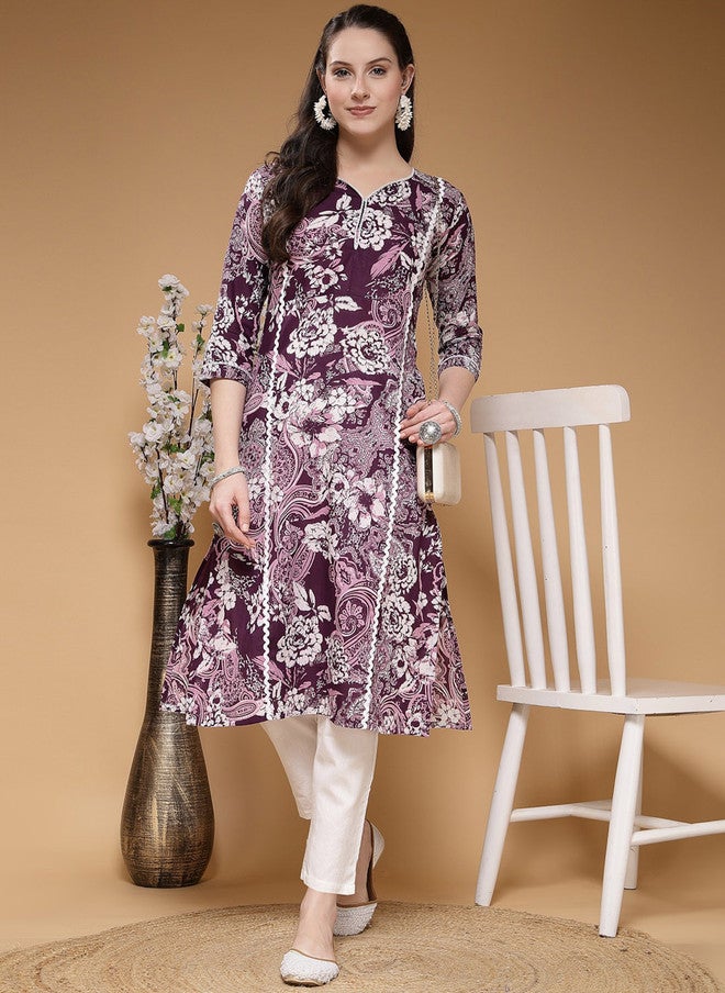 Indibelle Floral Printed Flared Sleeves Thread Work Cotton A-Line Kurta in Purple - Image 1