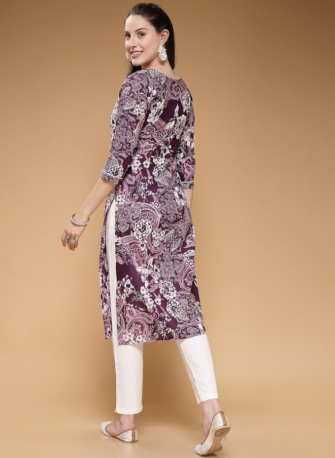 Indibelle Floral Printed Flared Sleeves Thread Work Cotton A-Line Kurta in Purple - Image 5