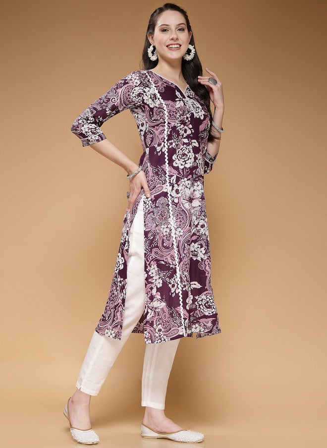Indibelle Floral Printed Flared Sleeves Thread Work Cotton A-Line Kurta in Purple - Image 3