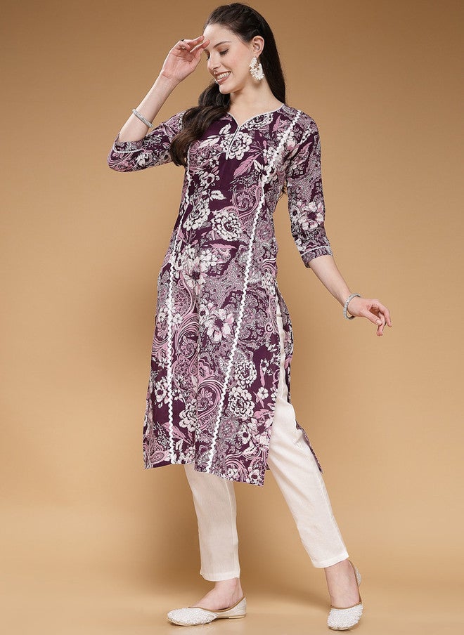 Indibelle Floral Printed Flared Sleeves Thread Work Cotton A-Line Kurta in Purple - Image 4