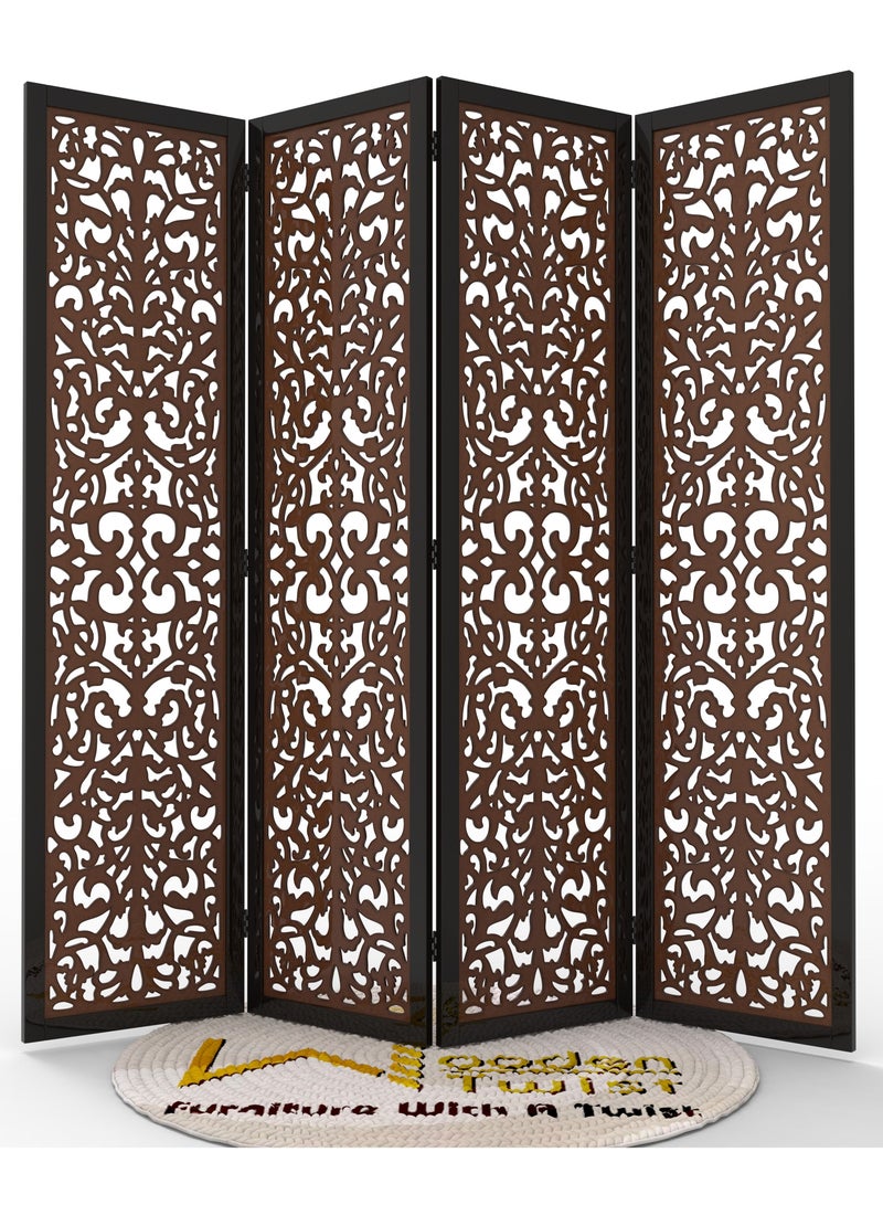 Wooden Twist Handcrafted 4 Panel Wooden Room Partition & Room Divider (Dark Brown)  - Image 2