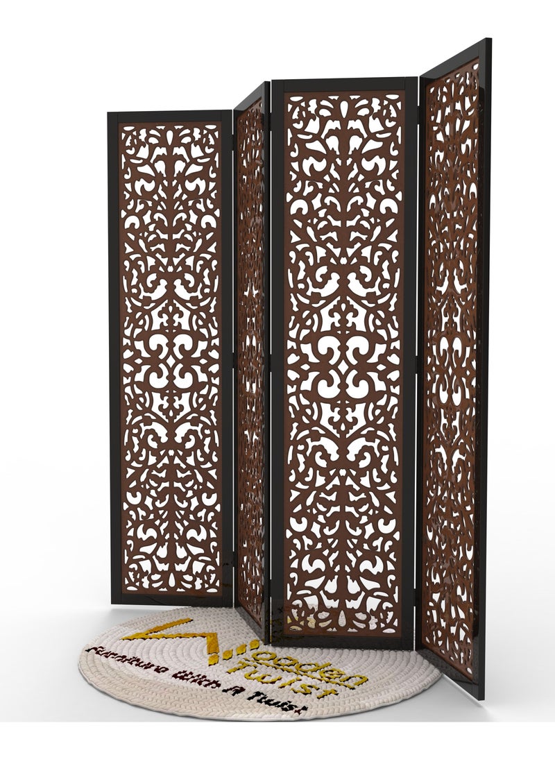 Wooden Twist Handcrafted 4 Panel Wooden Room Partition & Room Divider (Dark Brown)  - Image 4