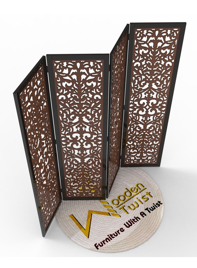 Wooden Twist Handcrafted 4 Panel Wooden Room Partition & Room Divider (Dark Brown)  - Image 5