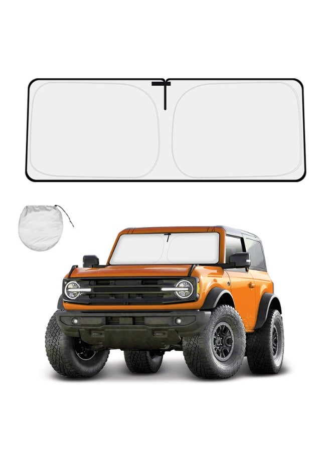 واقي شمس للزجاج الأمامي - متوافق مع سيارة Ford Bronco موديلات 2021-2026 (2 و4 أبواب). يتميز بكونه ستارة قابلة للطي، وتوفر حماية فعالة من الأشعة فوق البنفسجية (UV Rays). منتج مثالي ضمن إكسسوارات الديكور الداخلي لسيارة برونكو. - Image 1