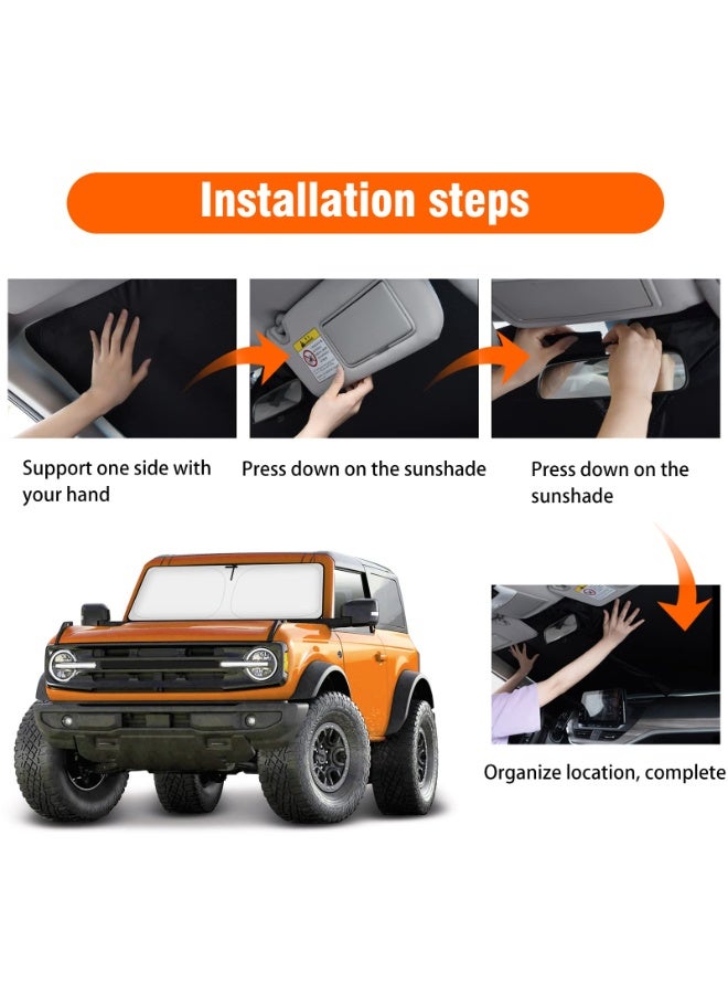 واقي شمس للزجاج الأمامي - متوافق مع سيارة Ford Bronco موديلات 2021-2026 (2 و4 أبواب). يتميز بكونه ستارة قابلة للطي، وتوفر حماية فعالة من الأشعة فوق البنفسجية (UV Rays). منتج مثالي ضمن إكسسوارات الديكور الداخلي لسيارة برونكو. - Image 5