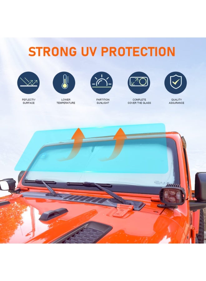 واقي شمس للزجاج الأمامي - متوافق مع سيارة Ford Bronco موديلات 2021-2026 (2 و4 أبواب). يتميز بكونه ستارة قابلة للطي، وتوفر حماية فعالة من الأشعة فوق البنفسجية (UV Rays). منتج مثالي ضمن إكسسوارات الديكور الداخلي لسيارة برونكو. - Image 2