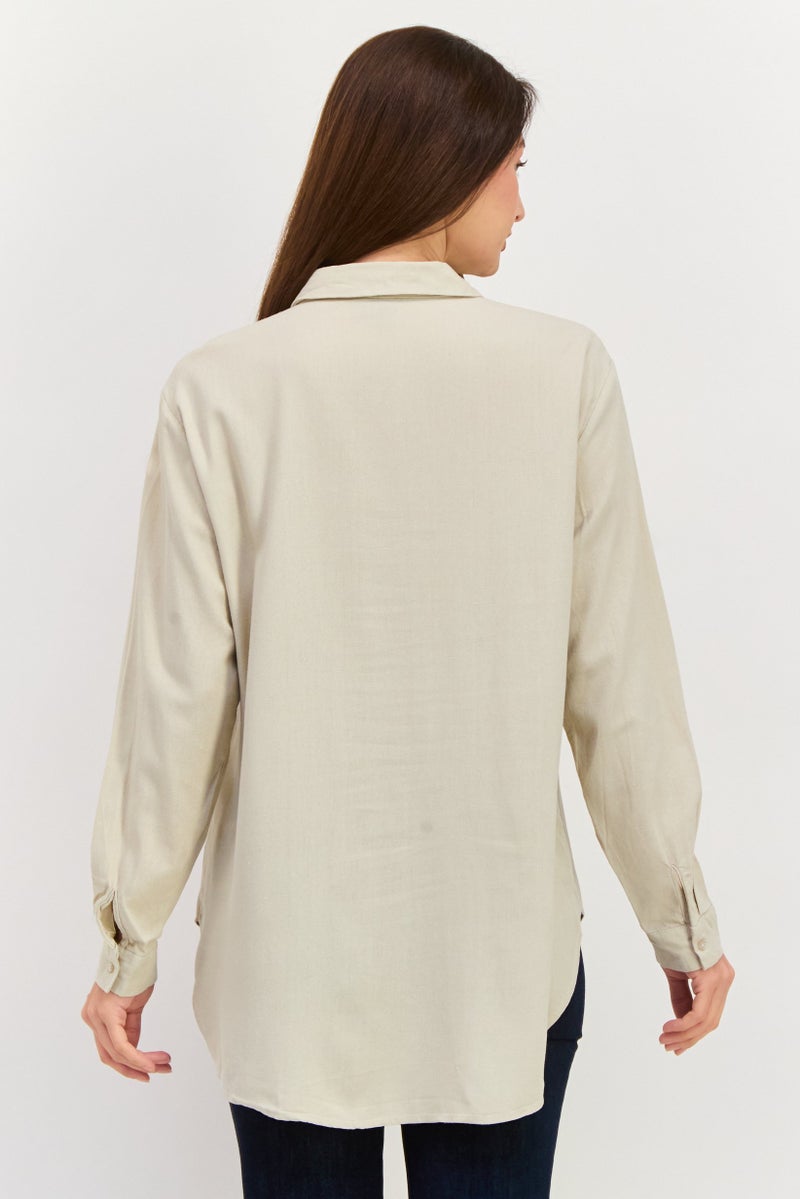 VERO MODA قميص نسائي بأكمام طويلة وياقة مفتوحة، بيج - Image 3